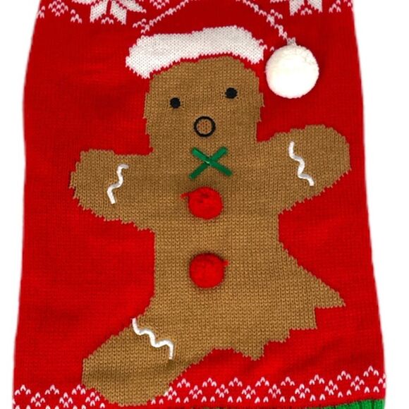 SimplyDog A Bite Out of a Gingerbread Man Dog Sweater, Red, Green, Medium - Picture 3 of 6